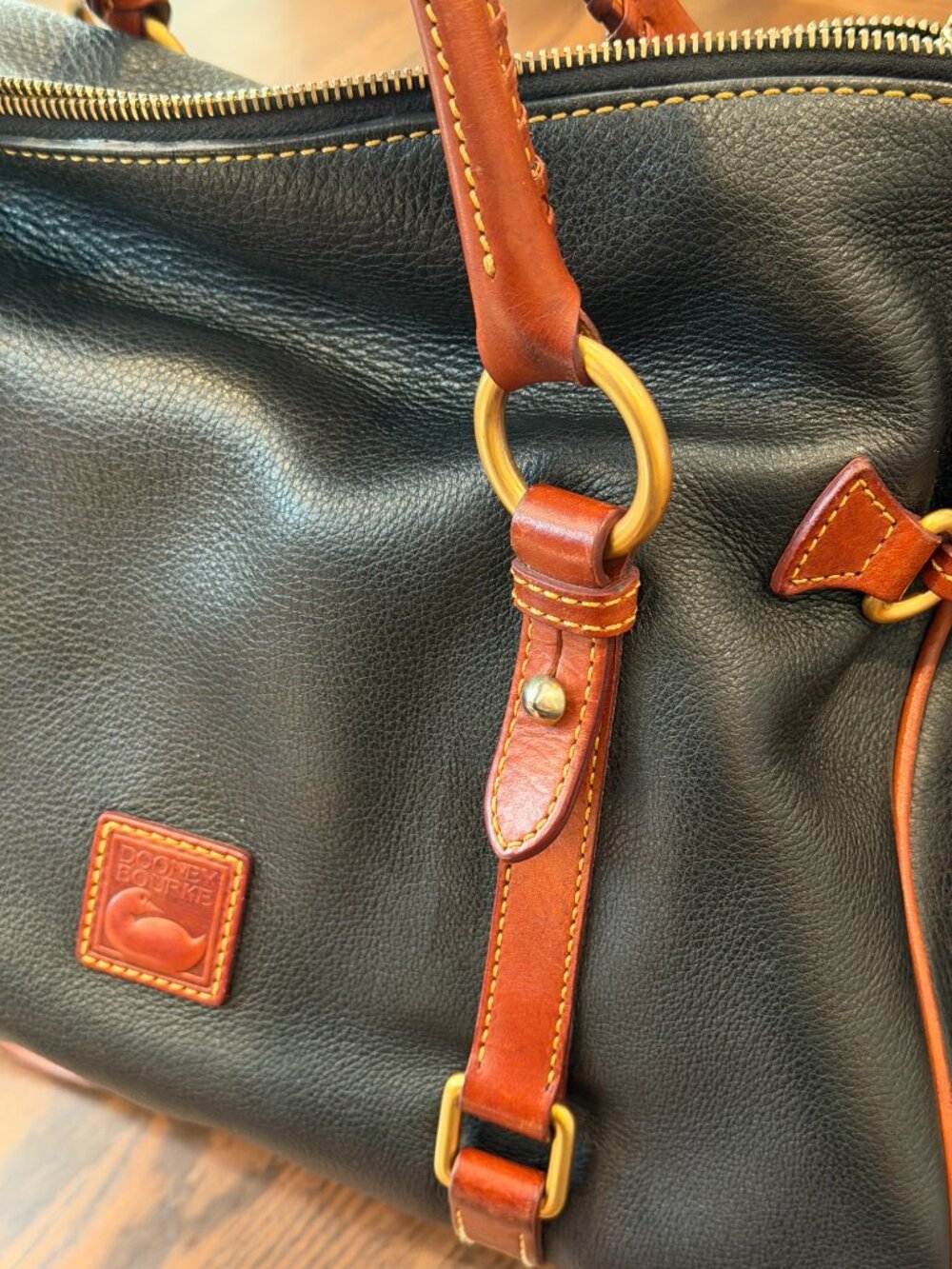 Dooney & Bourke Vintage Pebble Leather Satchel Bag | Black/Tan - Picture 10 of 16